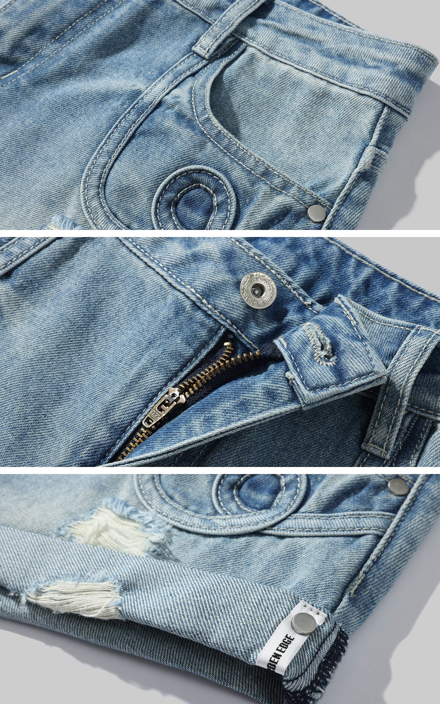 WARDEN EDGE Distressed Denim Shorts with Folded Hem & Ring Stitch