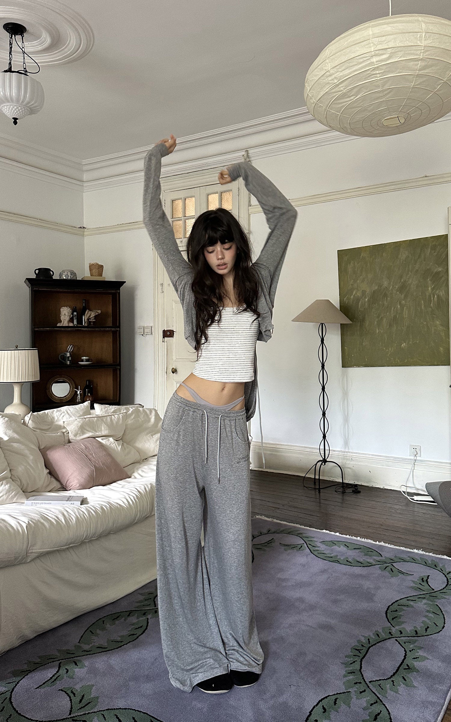 WARDEN EDGE Minimal Lounge Three Piece Set with Zip-Up Hoodie, Striped Cropped Camisole and Wide Leg Sweatpants