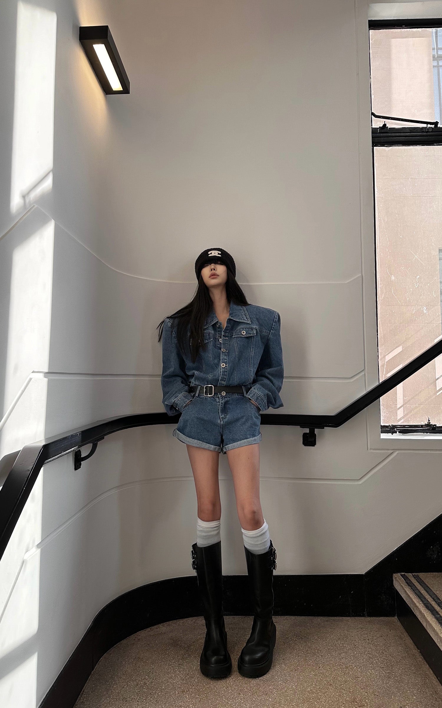 WARDEN EDGE Blue Denim Shoulder-Pad Romper