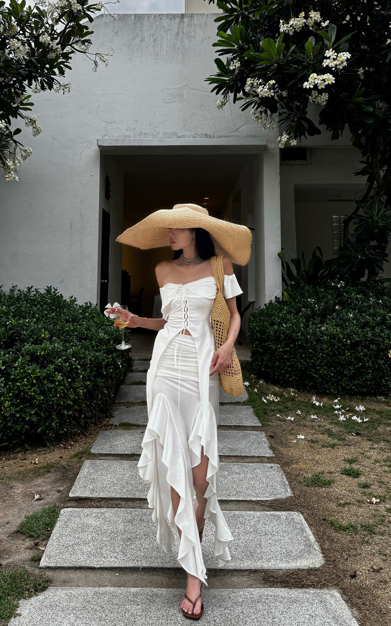 WARDEN EDGE Off-Shoulder Ruffle Set with Asymmetrical Hem