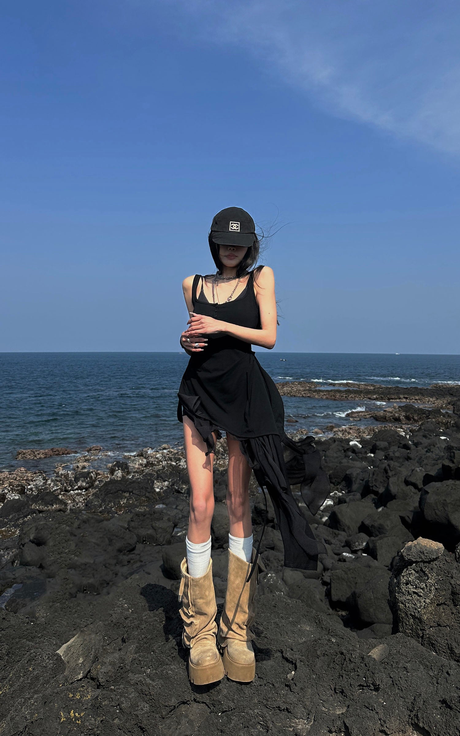 WARDEN EDGE Layered Mesh Hem Dress with Raw Draping