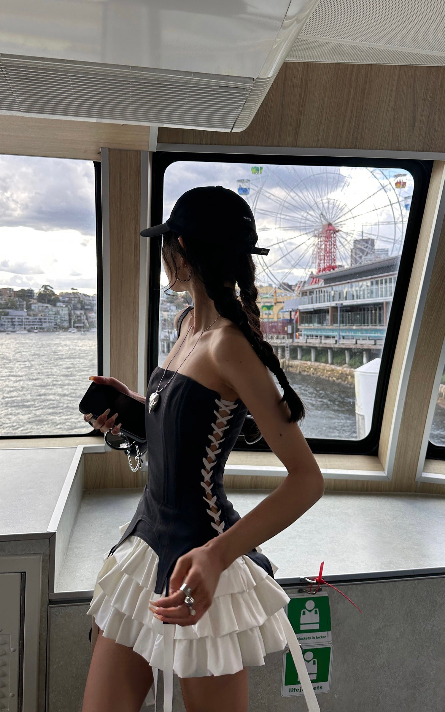 WARDEN EDGE Corset Dress with Tiered Pleated Hem and Side Lace-Up Detail