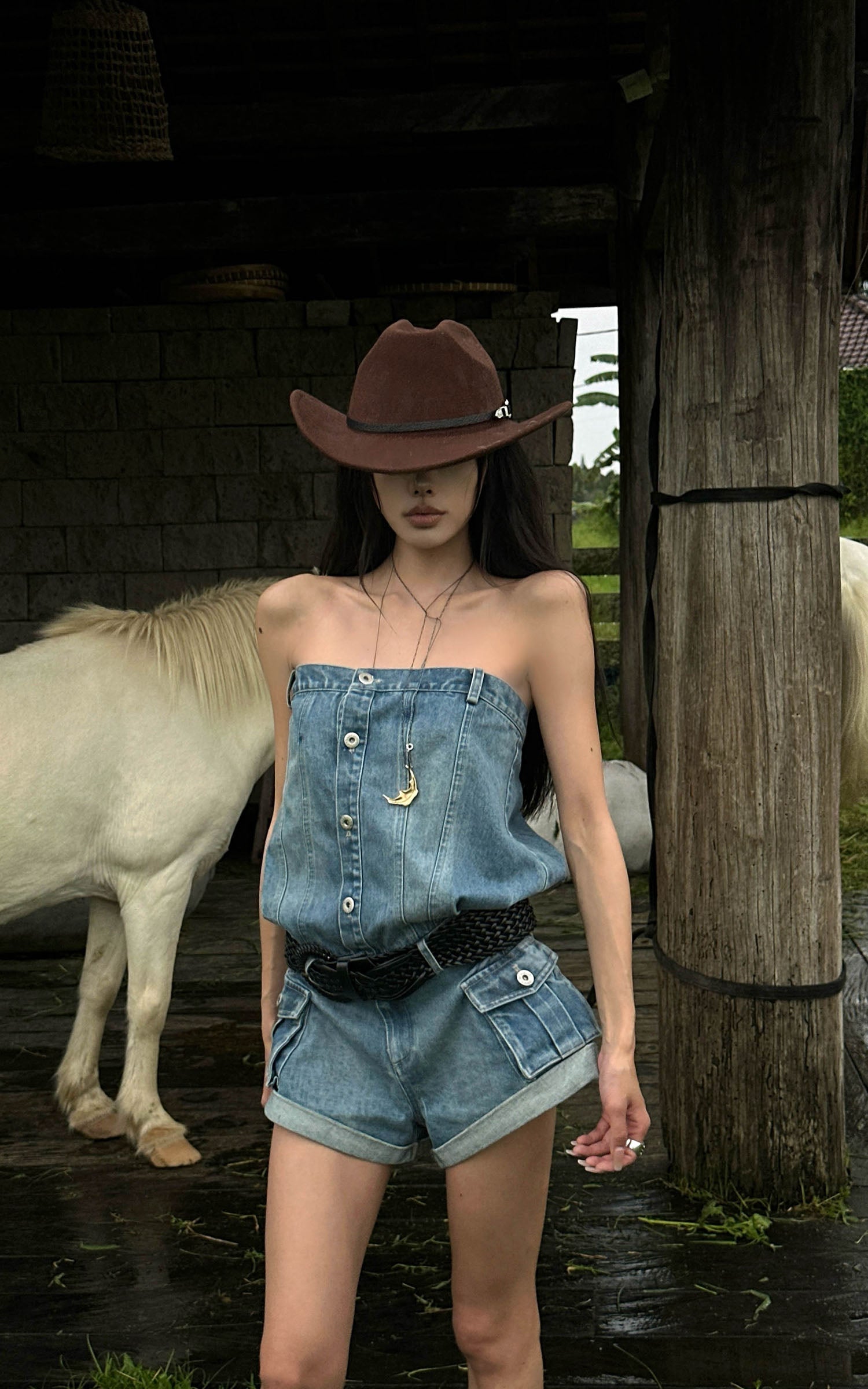 WARDEN EDGE Strapless Denim Utility Romper