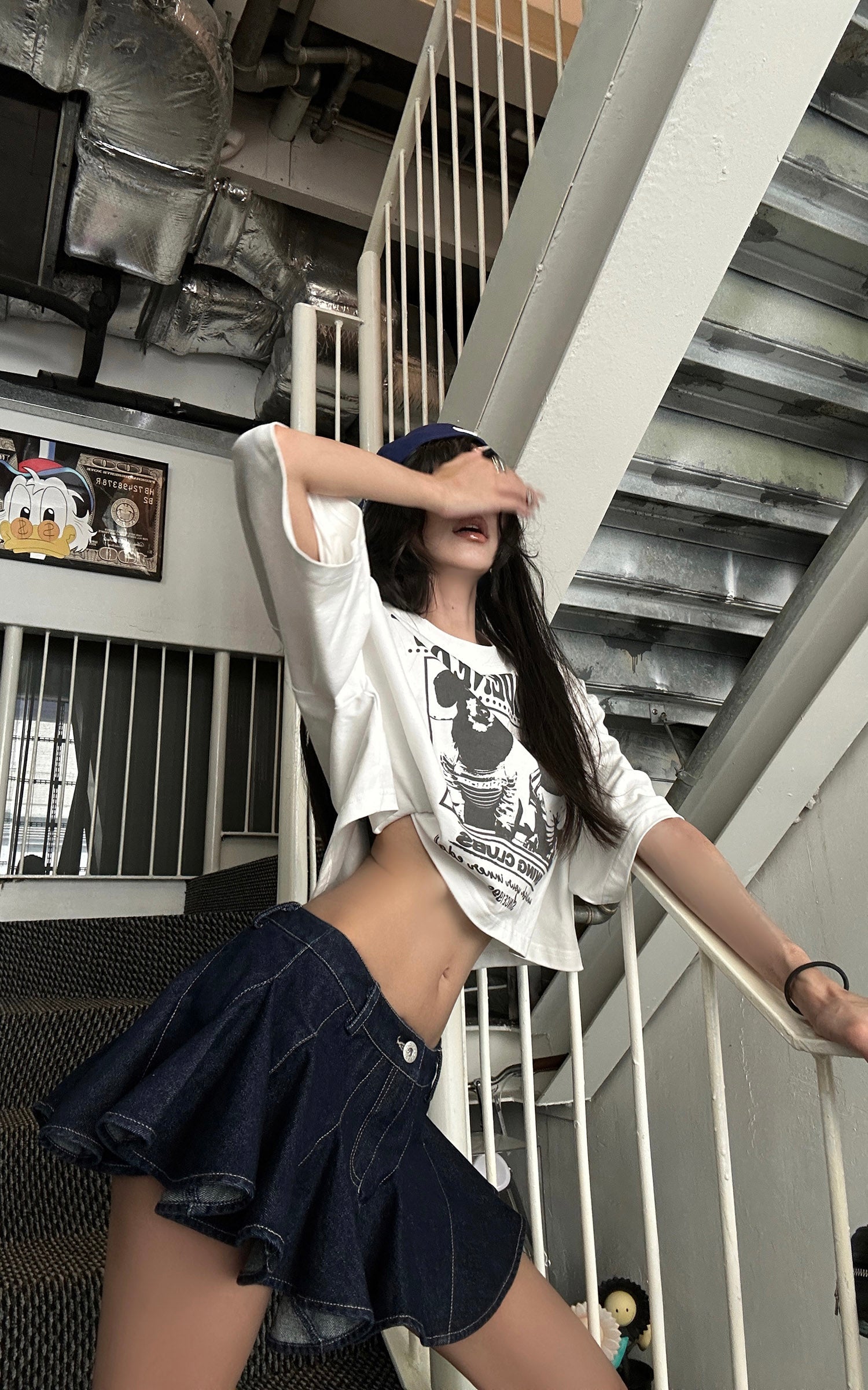 WARDEN EDGE Asymmetric Pleated Denim Mini Skirt with Built-in Shorts