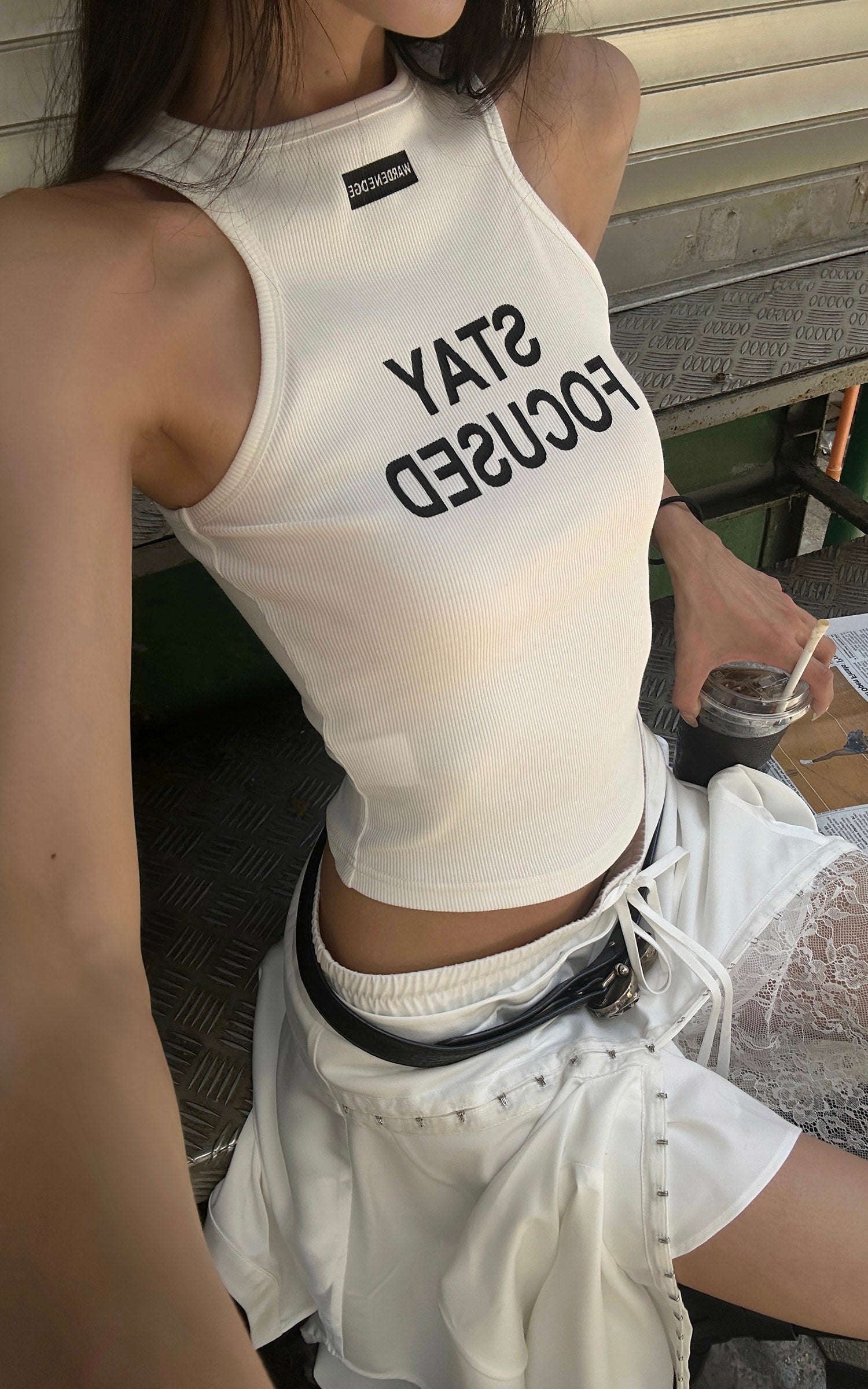 WARDEN EDGE Ribbed Racerback Tank Top with Contrast Lettering