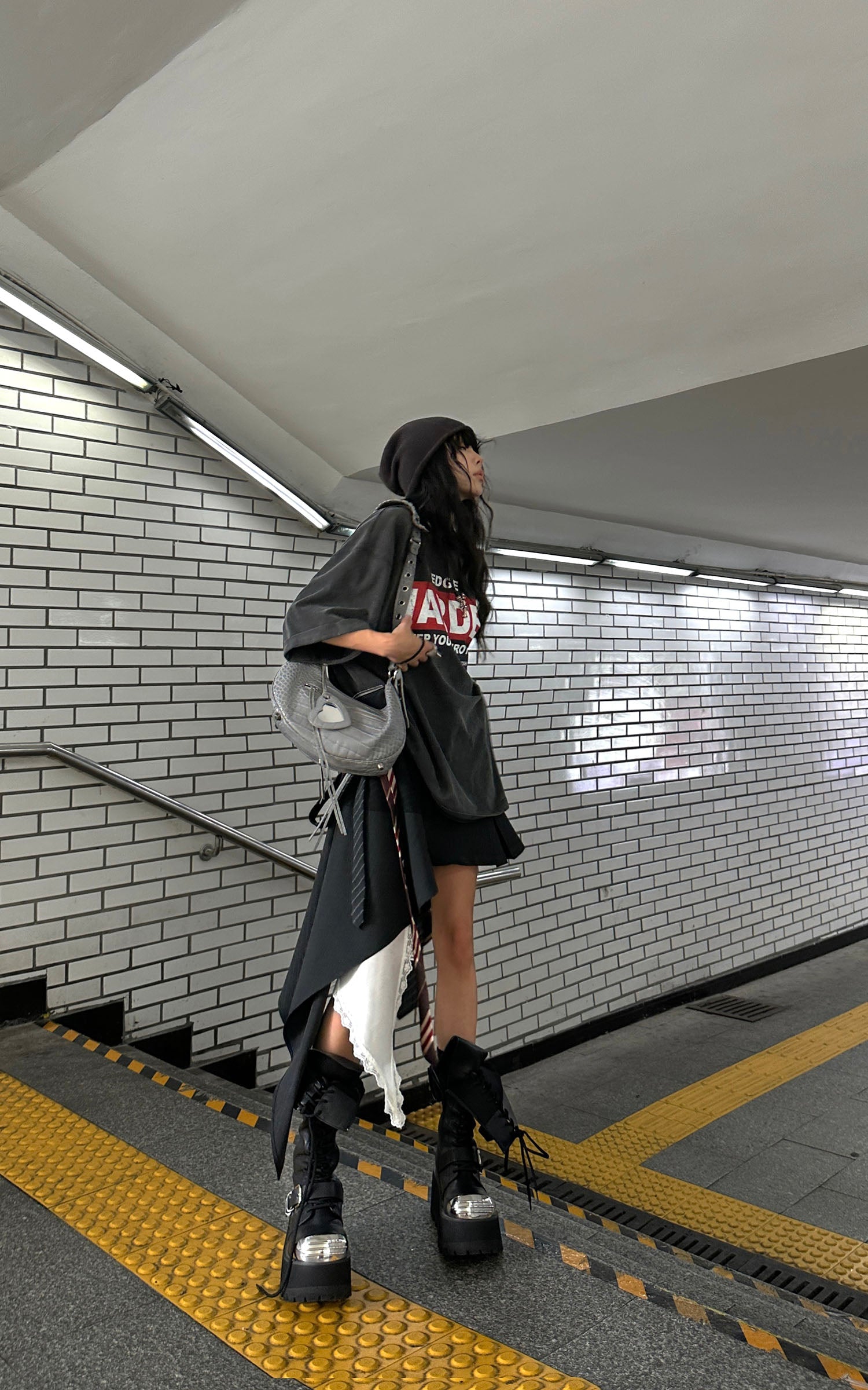 WARDEN EDGE Asymmetric Pinstripe Mini Skirt with Tie Detail and Lace Trim