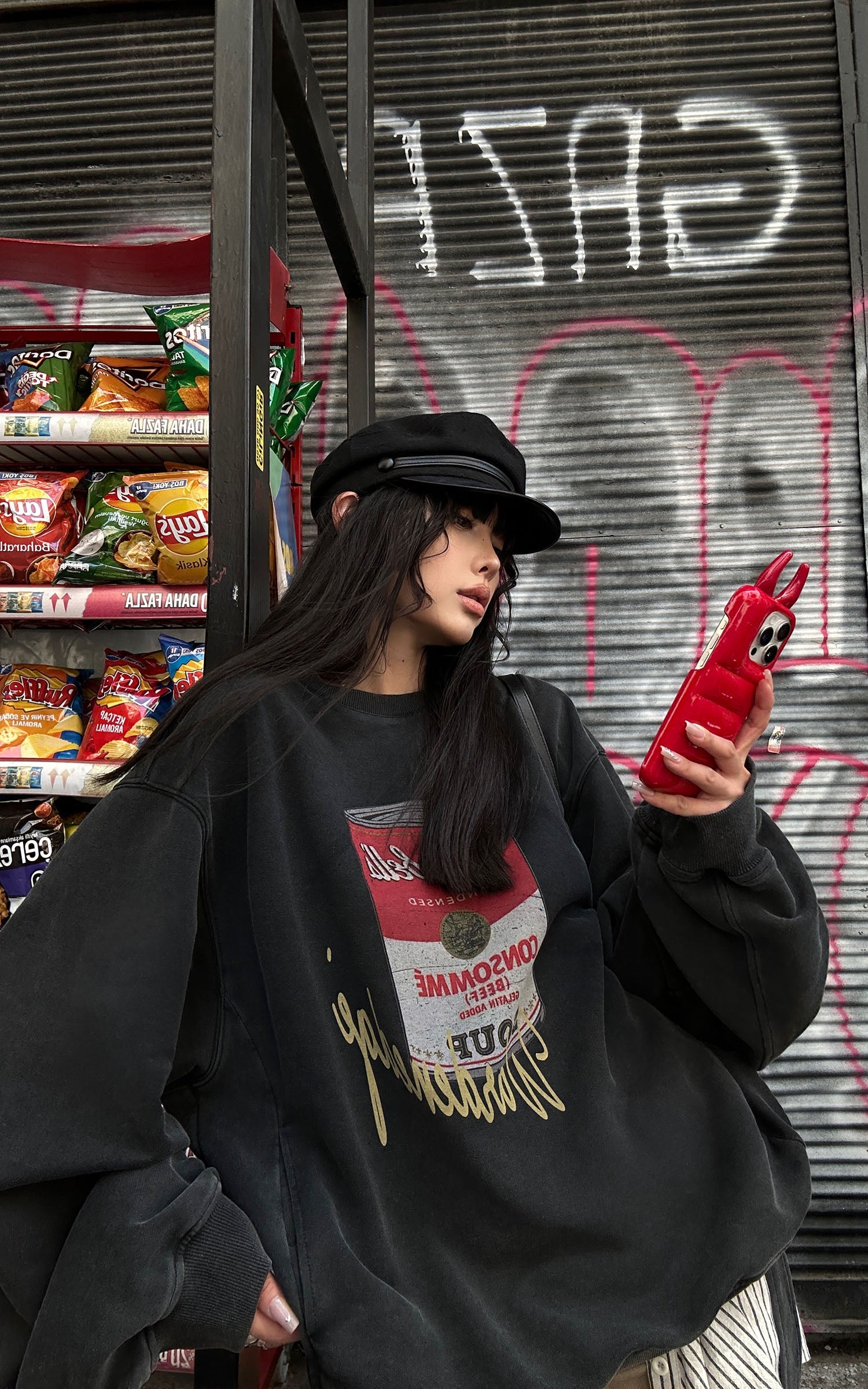 WARDEN EDGE Oversized Graphic Sweatshirt with Vintage Campbell Print and Strap Hem Detail