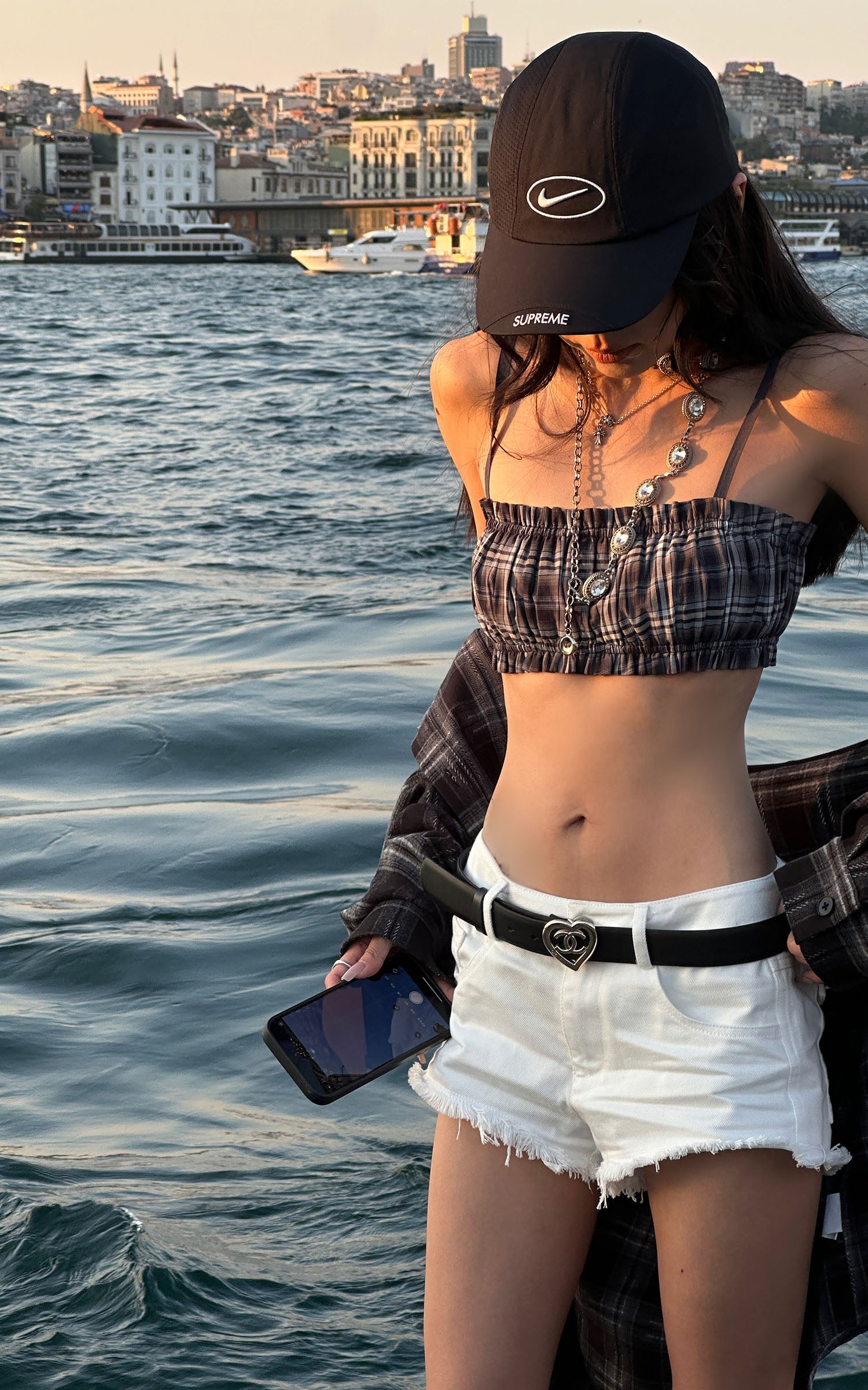 WARDEN EDGE Plaid Strapless Crop Top with Ruched Elastic Detail