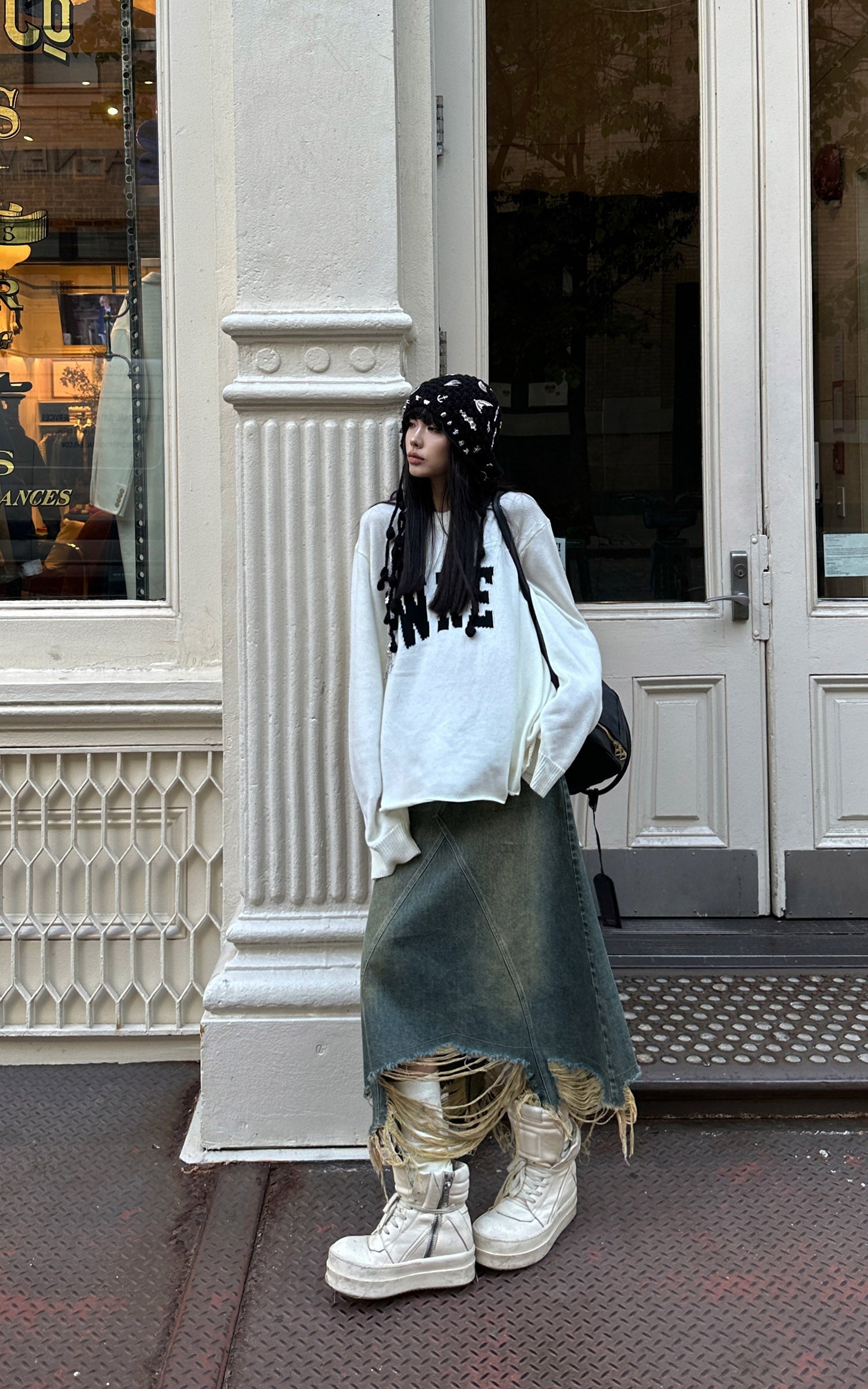 WARDEN EDGE Distressed Denim Skirt with Deconstructed Hem and Vintage Washed Edge