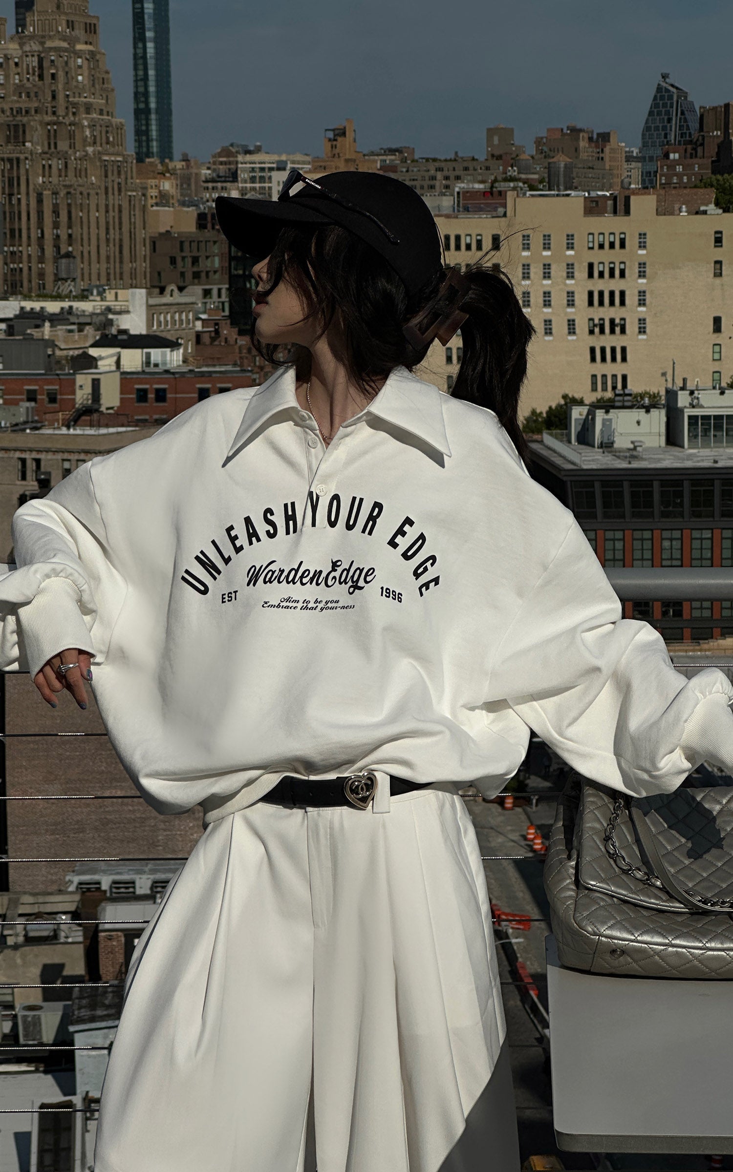 WARDEN EDGE Oversized Polo Sweatshirt with Bold Graphic Print and Streetwear Edge