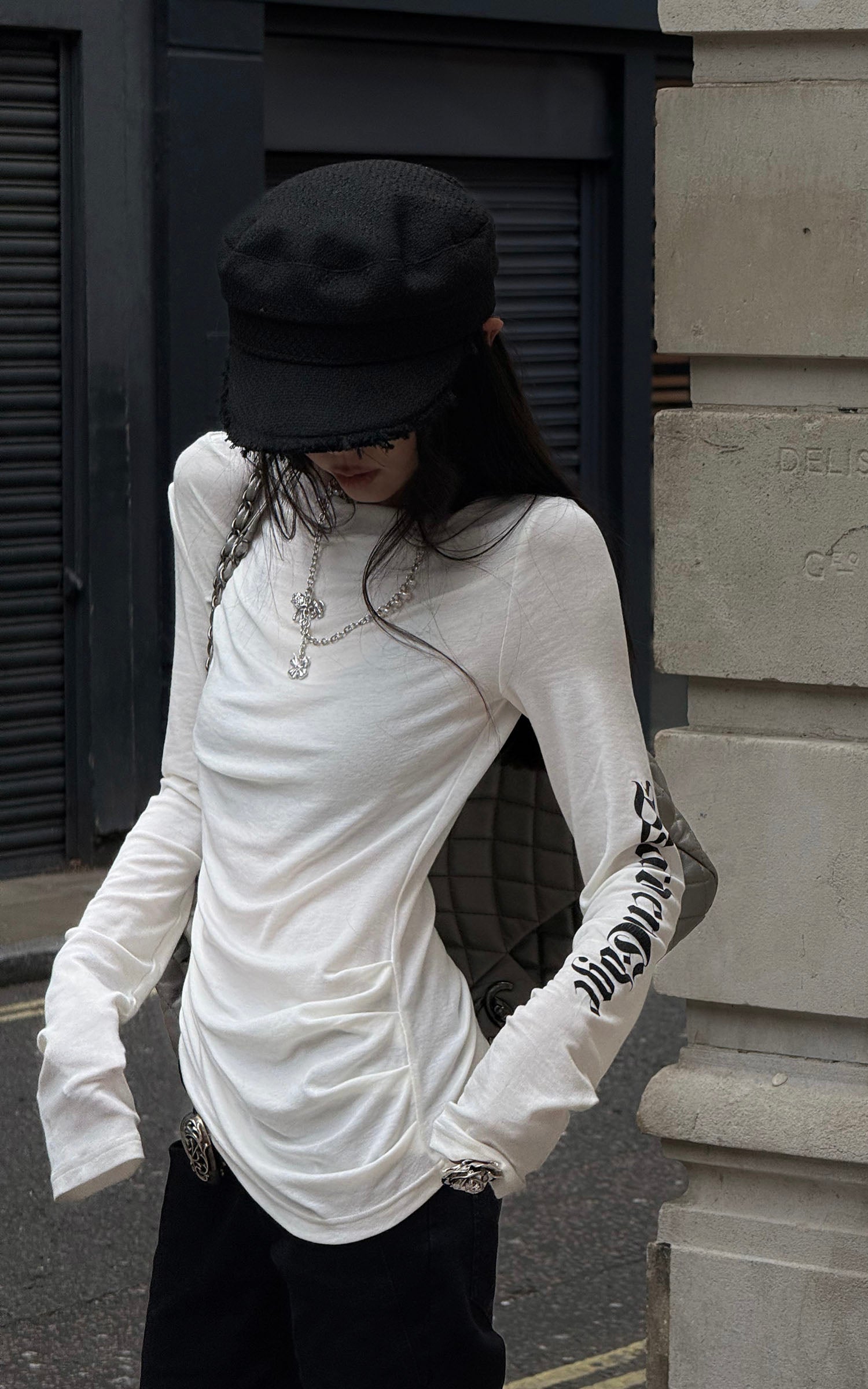 WARDEN EDGE Asymmetric Draped Long Sleeve Fitted Top