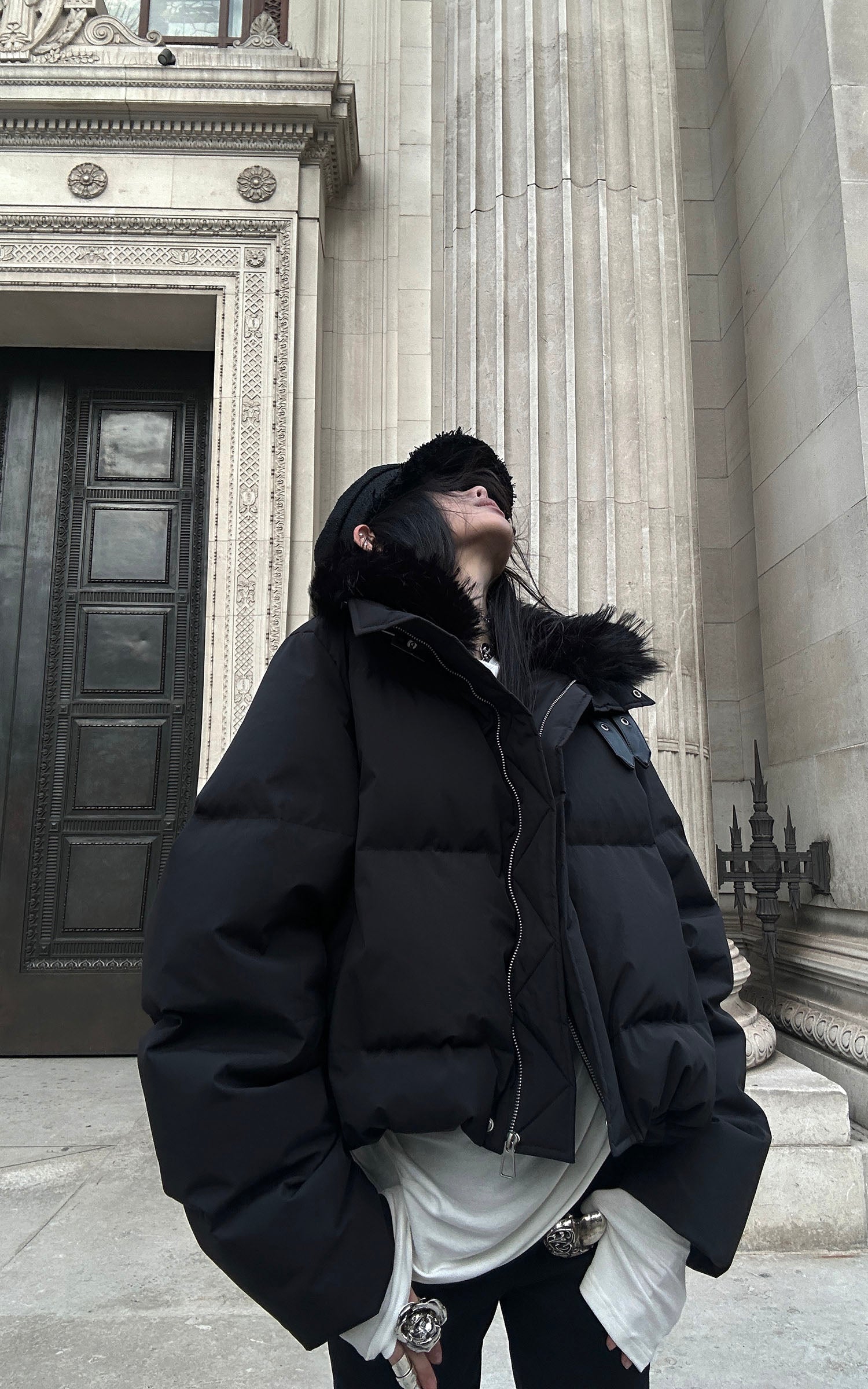 WARDEN EDGE Down Jacket with Faux Fur Collar Cropped Puffer in Black