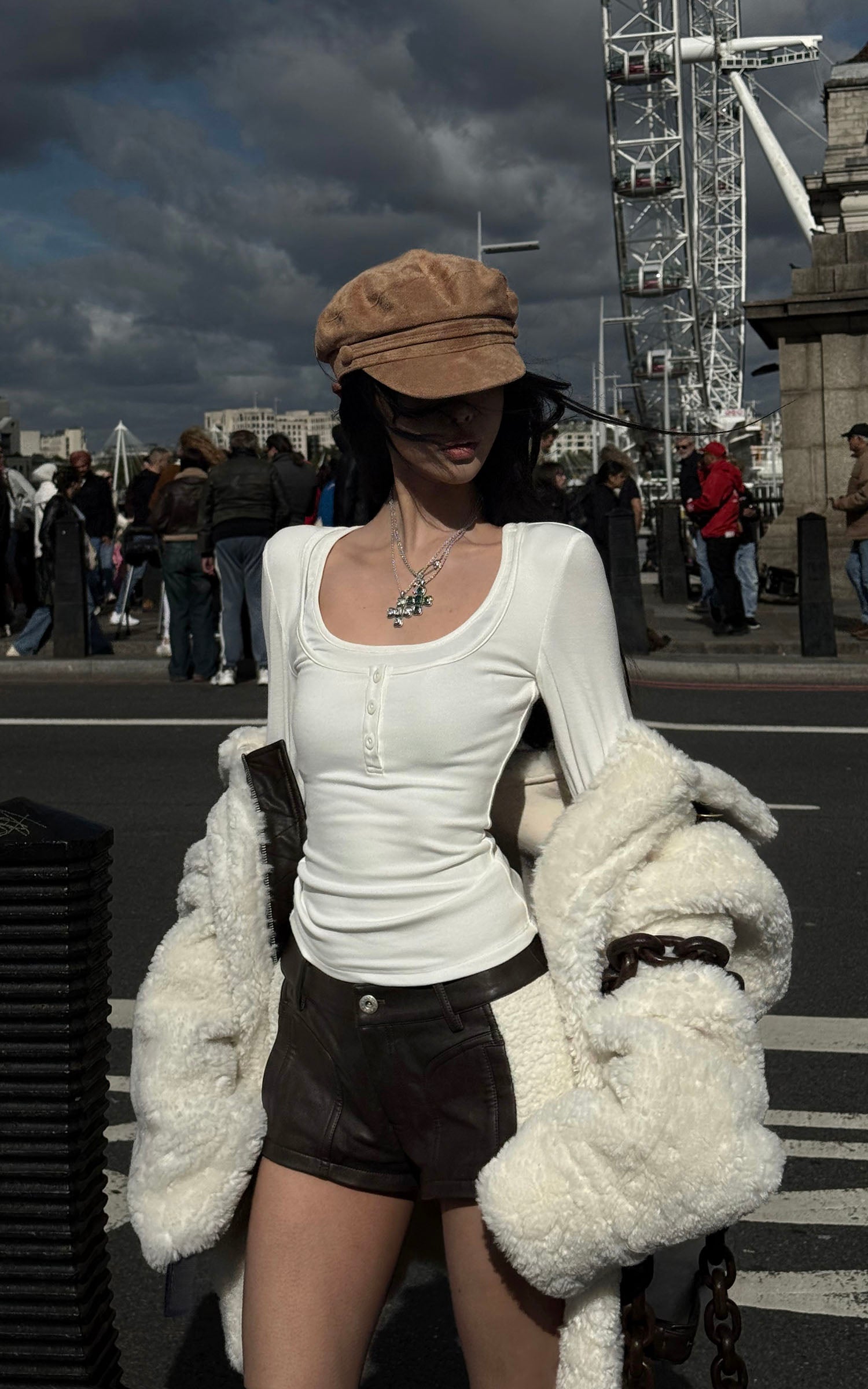 WARDEN EDGE Layered Effect Long Sleeve Top Square Neck Button Detail Tee