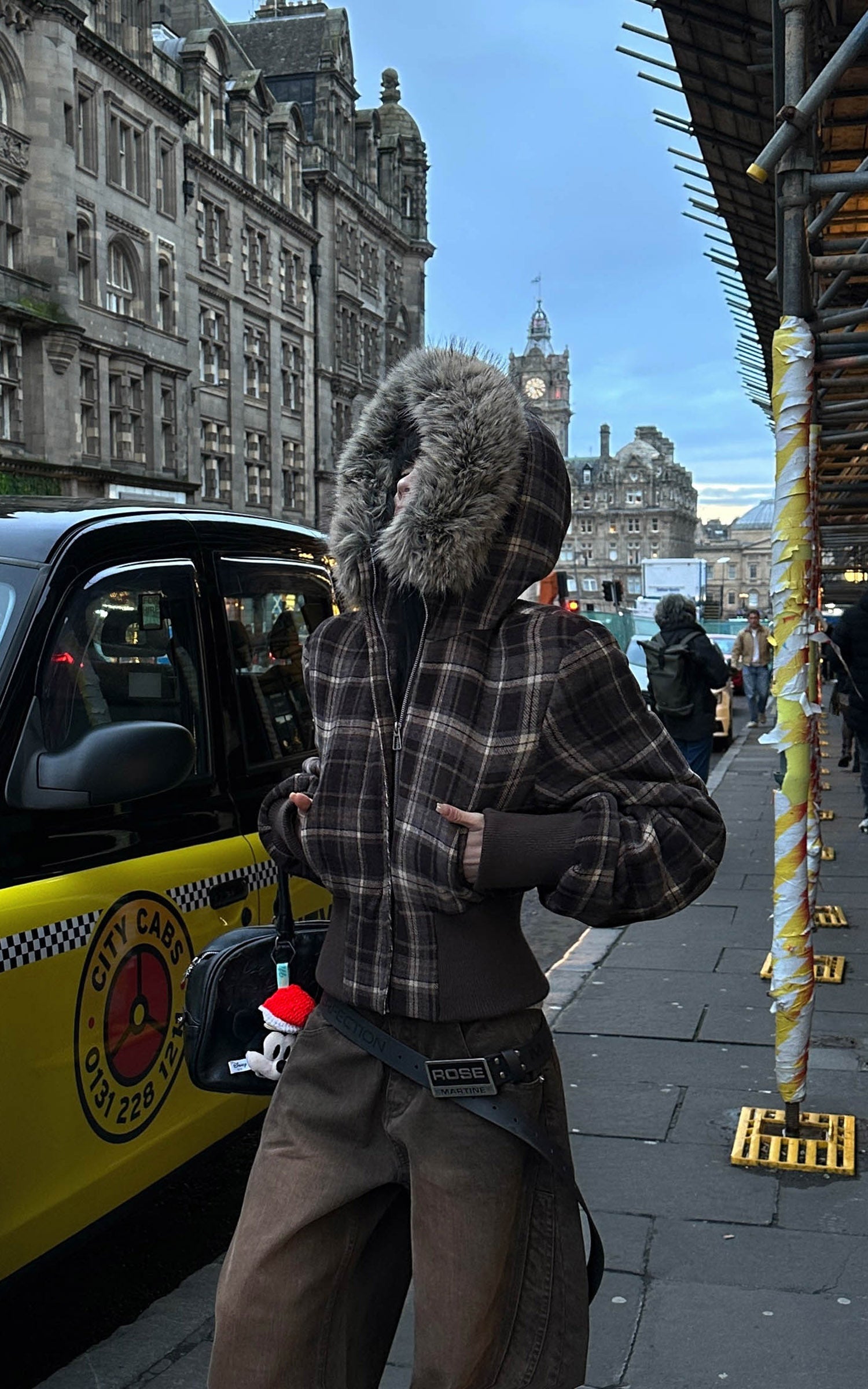 WARDEN EDGE Structured Plaid Down Jacket with Detachable Fur Hood