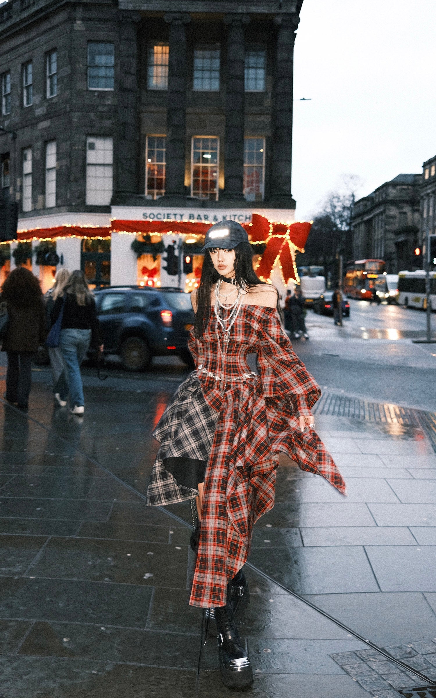 WARDEN EDGE Asymmetric Plaid Off-Shoulder Dress with Draped Panels