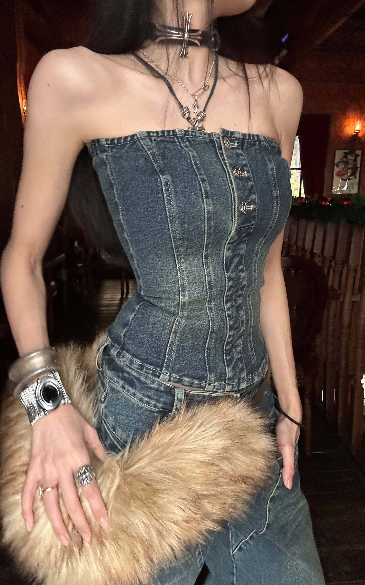 WARDEN EDGE Denim Bustier and Wide-Leg Pants Set