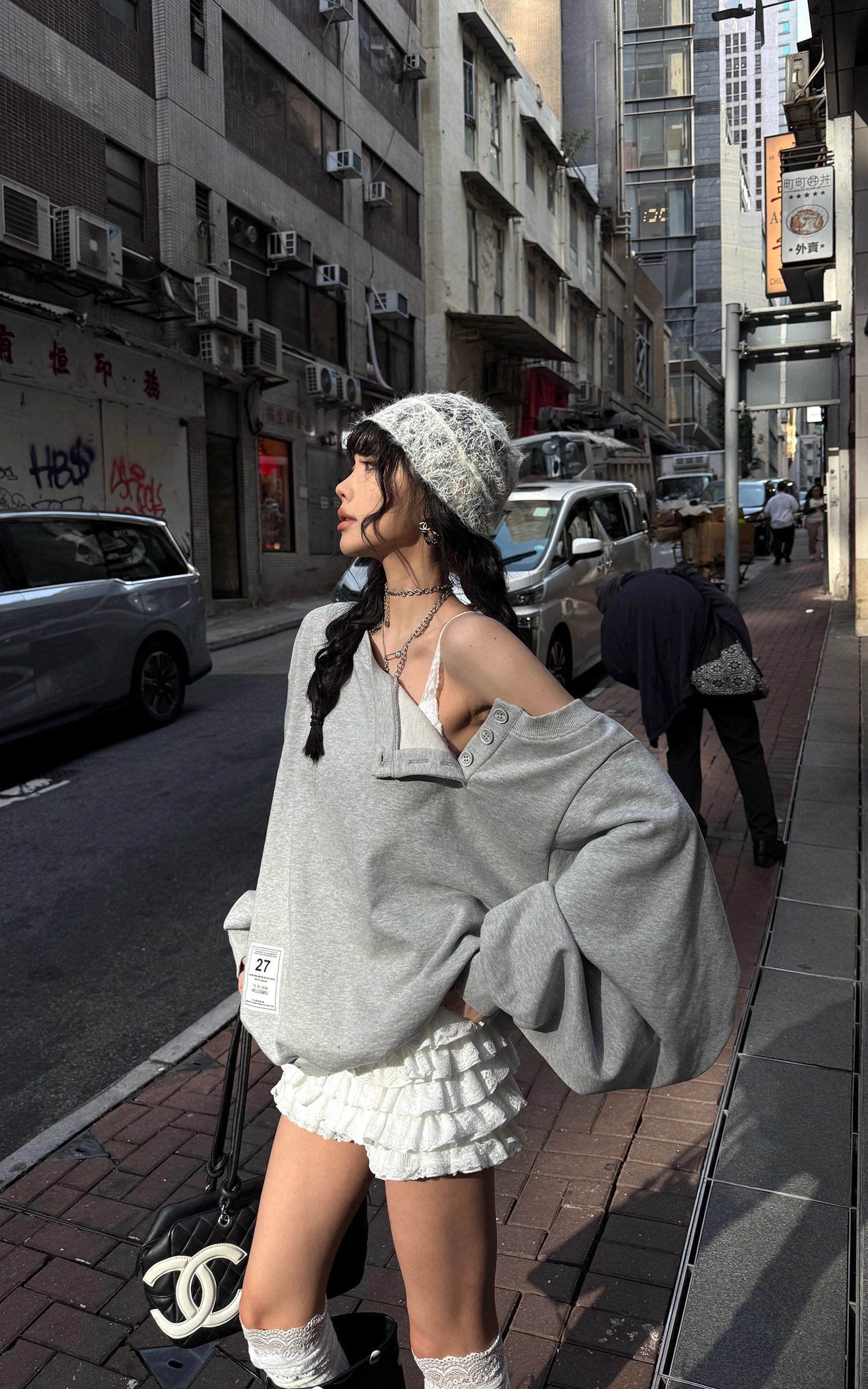 WARDEN EDGE Deconstructed Asymmetric Off-Shoulder Sweatshirt