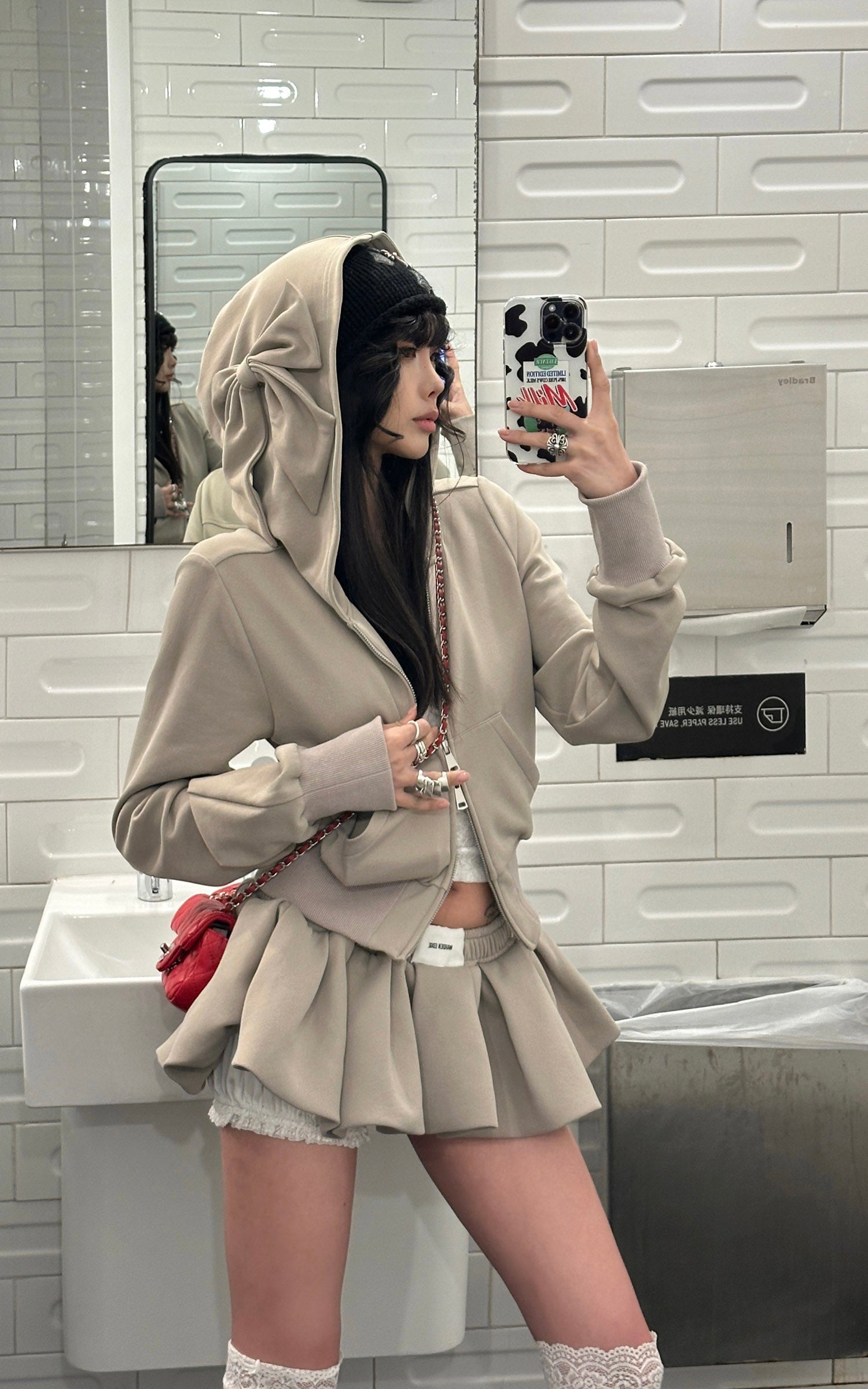 WARDEN EDGE Bow Hood Cropped Zip Hoodie and Pleated Mini Skirt Set