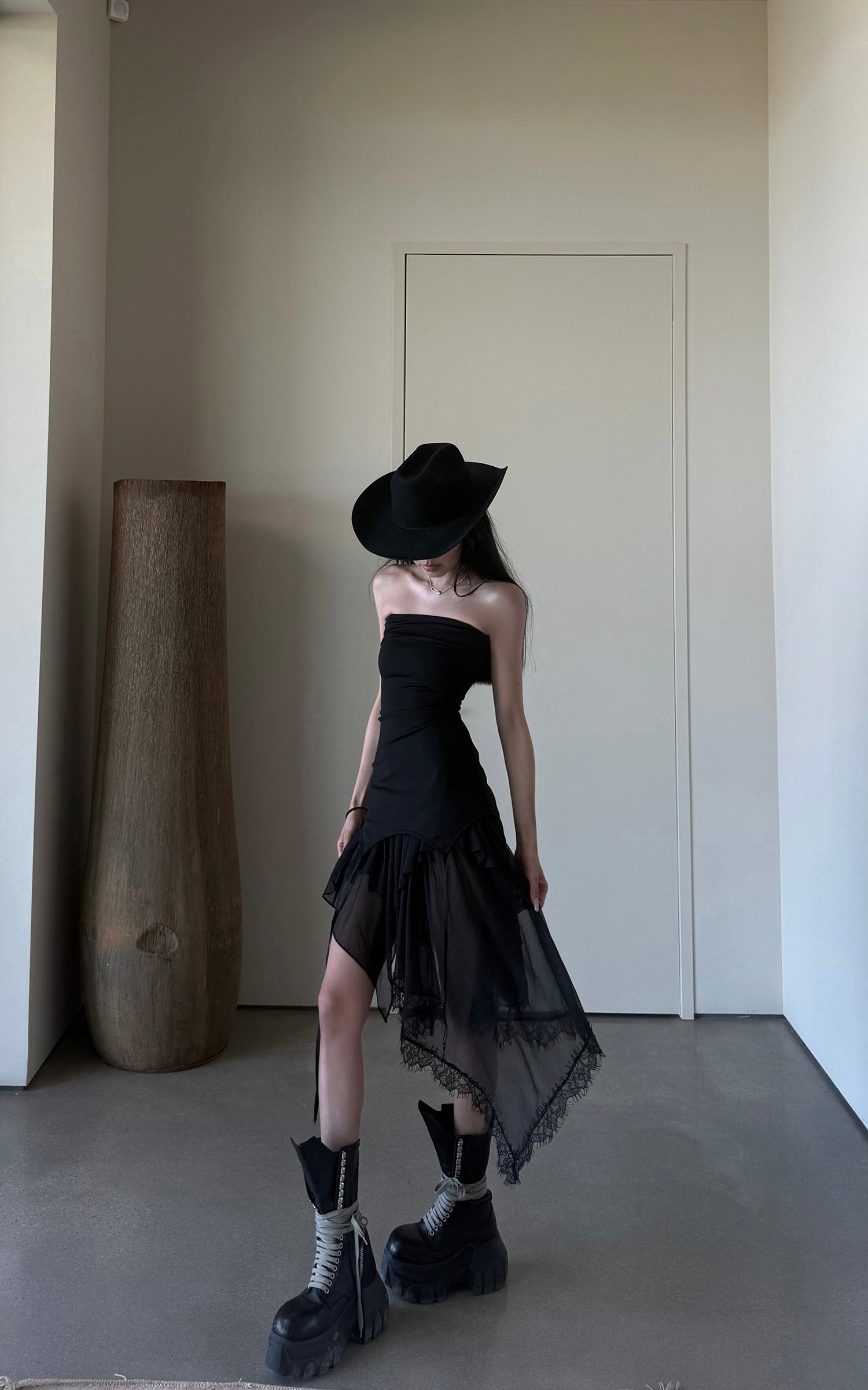 WARDEN EDGE Strapless Asymmetric Ruffle Dress Sheer Layered Midi Dress