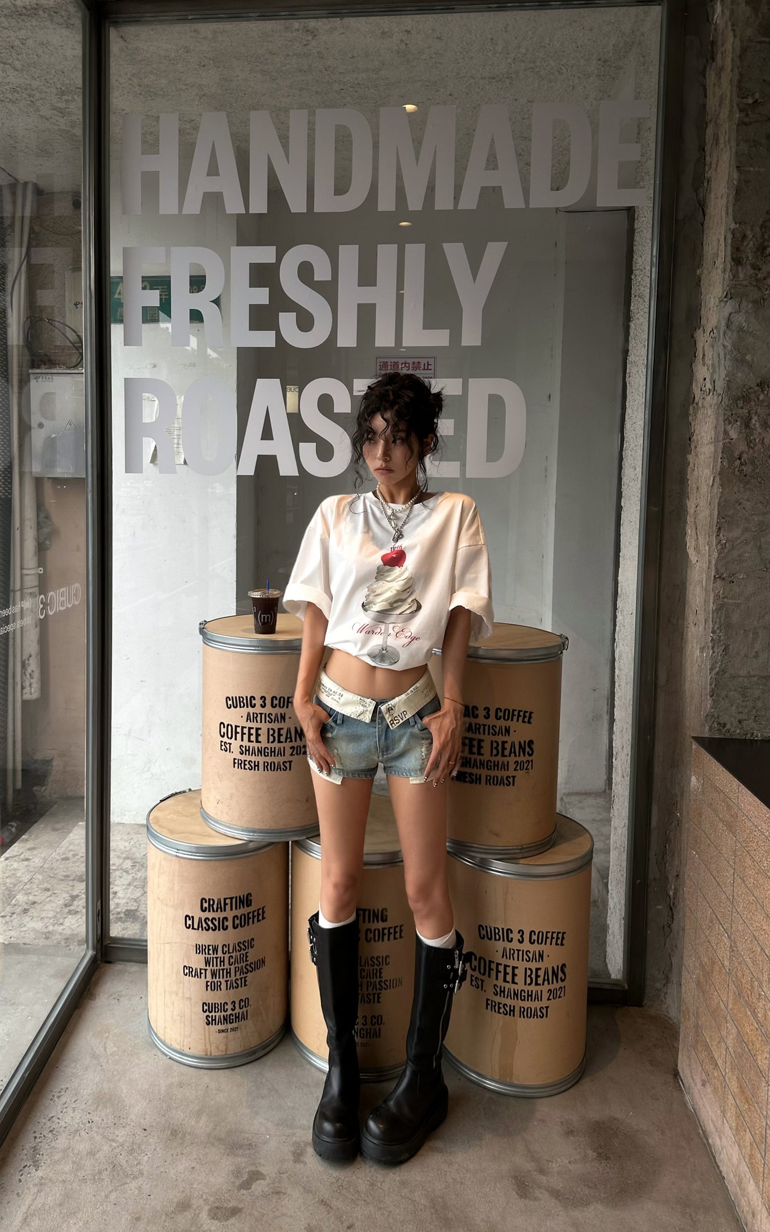 WARDEN EDGE Cherry Sundae Graphic Tee & Distressed Denim Micro Shorts 3-Piece Layered Set