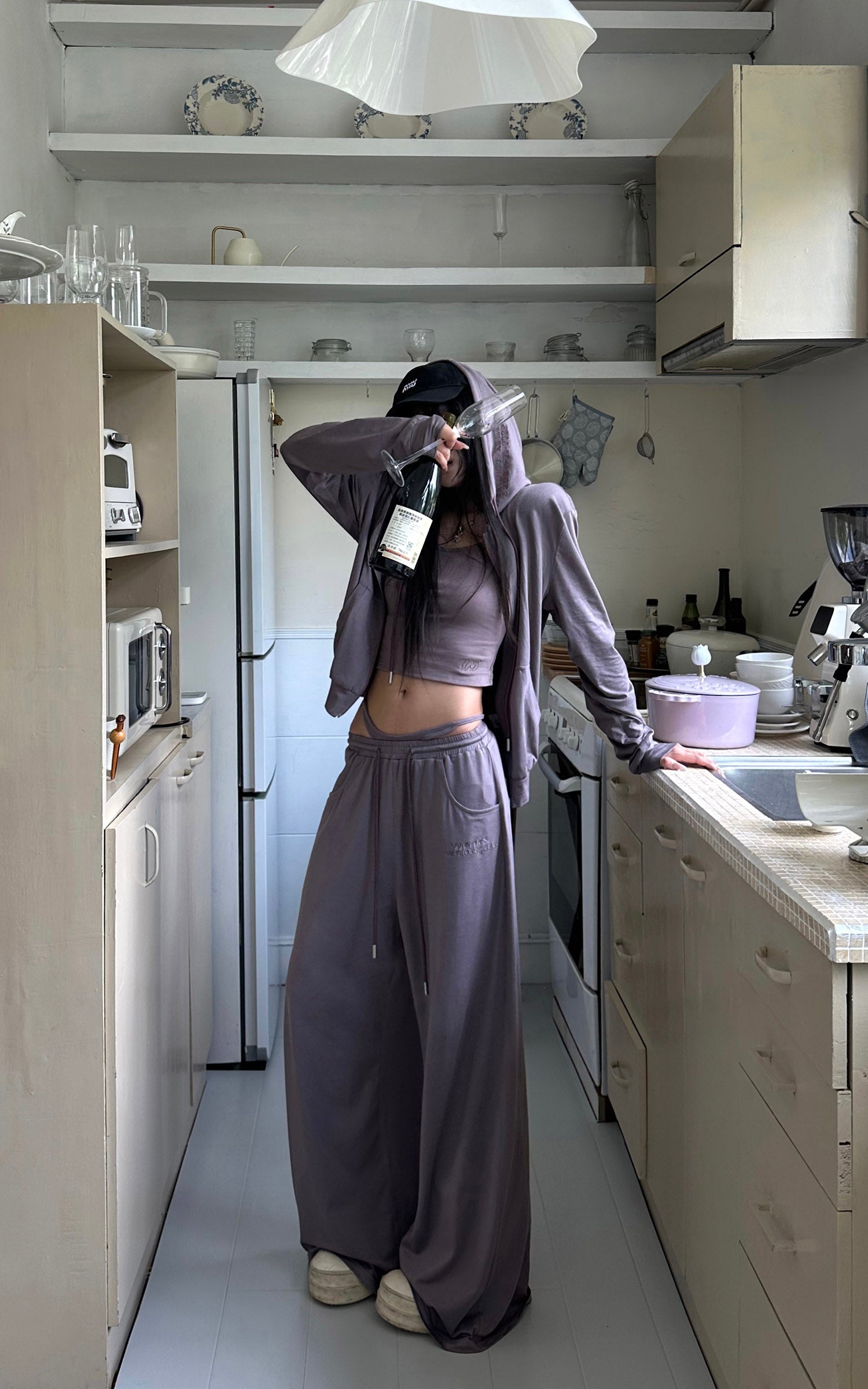 WARDEN EDGE Minimal Zip Hoodie & Camisole & Wide Leg Pants Three Piece Set